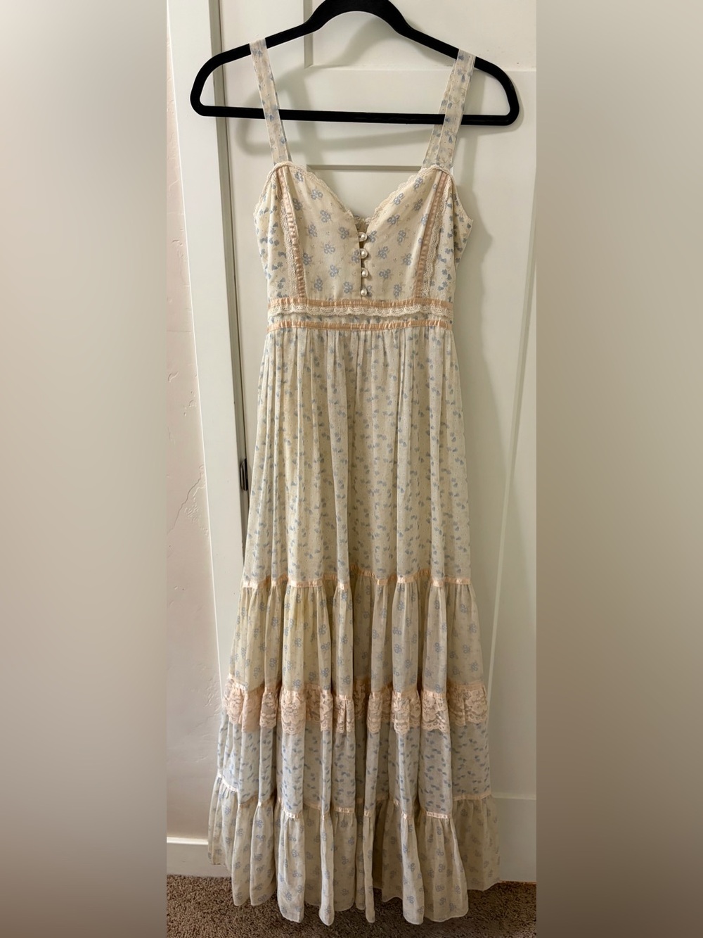 Gunne Sax Vintage Floral Tiered Maxi Sundress Lace Trim Boho Cream Beige Size 7 - Picture 1 of 14
